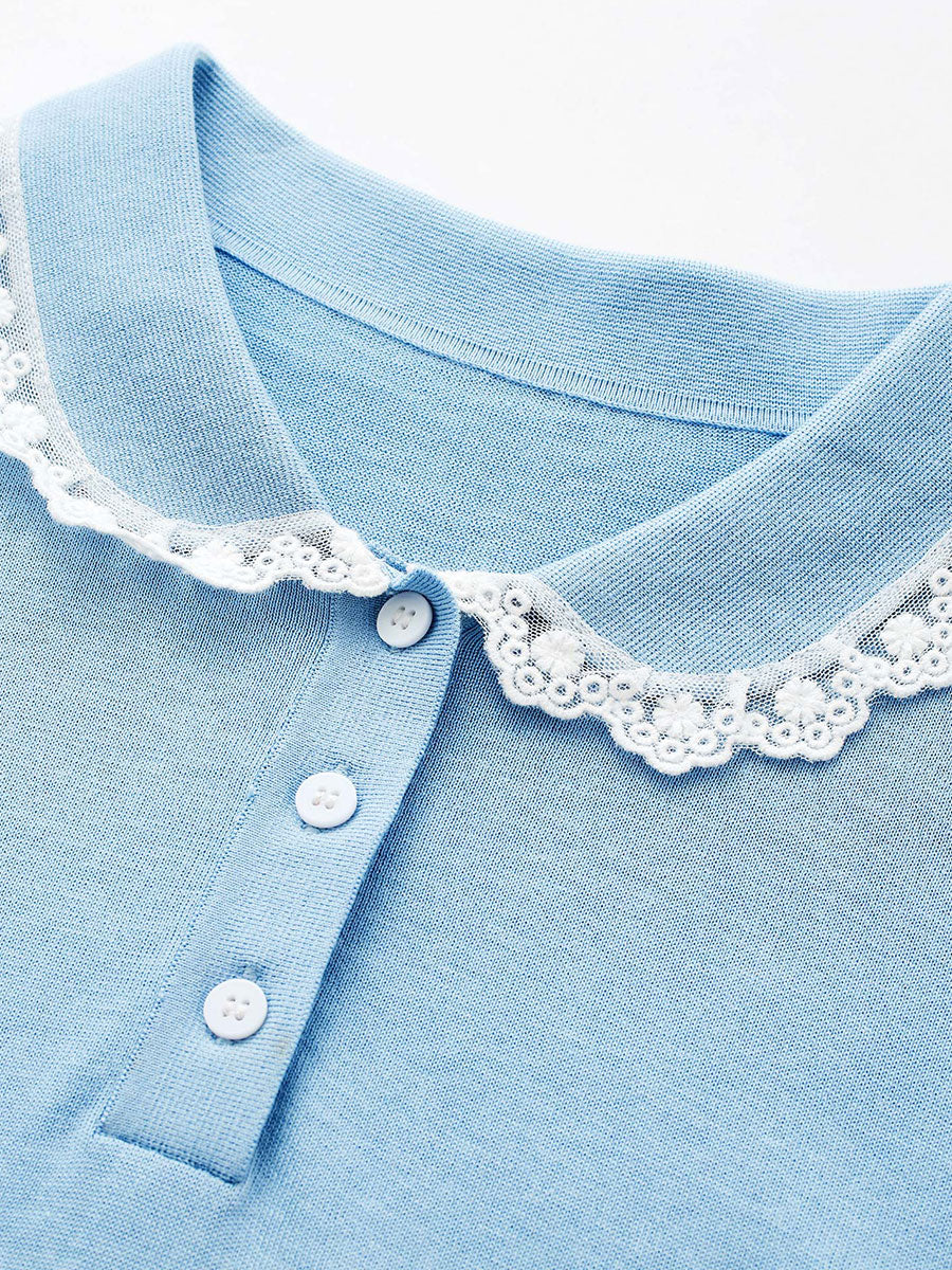 COMOBOCA Women's Lace Trim Collar Knit Polo T-Shirt