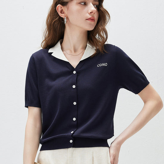 COMOBOCA Navy Blue Women's Contrast Collar Knit Button Down Cardigan