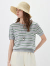 Women's Silk-Cotton Jacquard Stripe Knit Crew Neck Short Sleeve T-Shirt