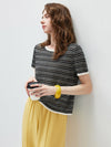 Women’s Round-Neck Linen Blend Dopamine Striped Knit Short Sleeve Top with Contrast Trim