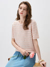 Women’s Round-Neck Linen Blend Hollow-Out Short Sleeve Knit T-Shirt