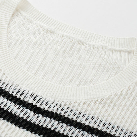 COMOBOCA Women's Asymmetric Stripe Mesh Knit Round Neck Sweater