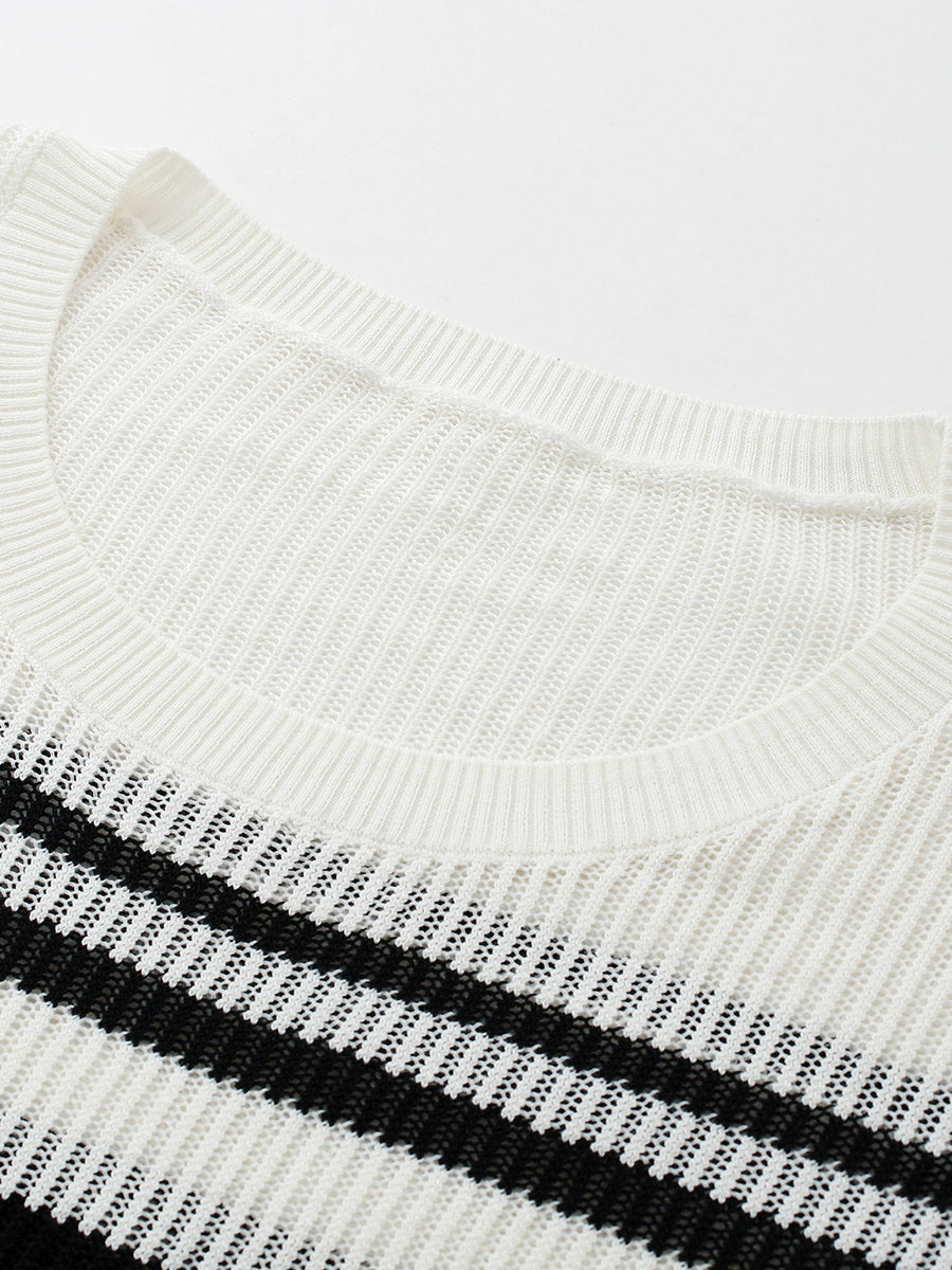 COMOBOCA Women's Asymmetric Stripe Mesh Knit Round Neck Sweater