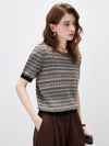 Women's  Round Neck Jacquard Linen Knit Short Sleeve Top