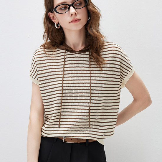 COMOBOCA Coffee Women's Striped Contrast Hooded Knit T-Shirt