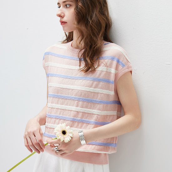 COMOBOCA Women's Striped Knit Cap Sleeve T-Shirt