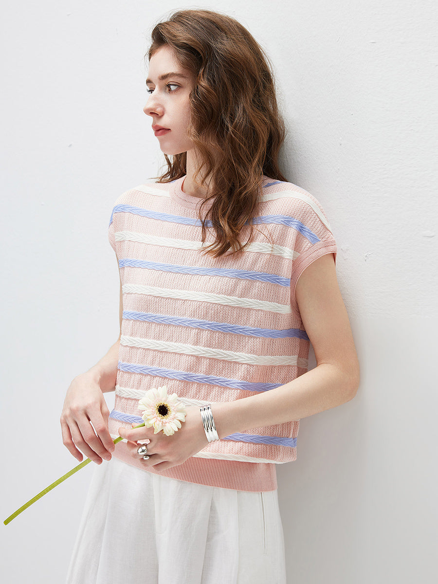 COMOBOCA Women's Striped Knit Cap Sleeve T-Shirt