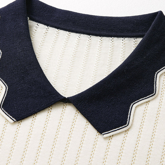 COMOBOCA Women's Scalloped Contrast Collar Openwork Knit Sweater