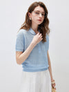 Women's Silk-Cotton Blend Peter Pan Collar Pointelle Knit Short Sleeve Top