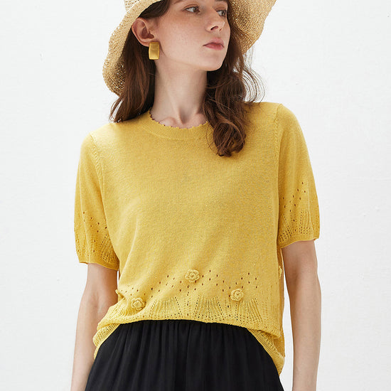 COMOBOCA Yellow Women's Sheer Openwork Knit T-Shirt