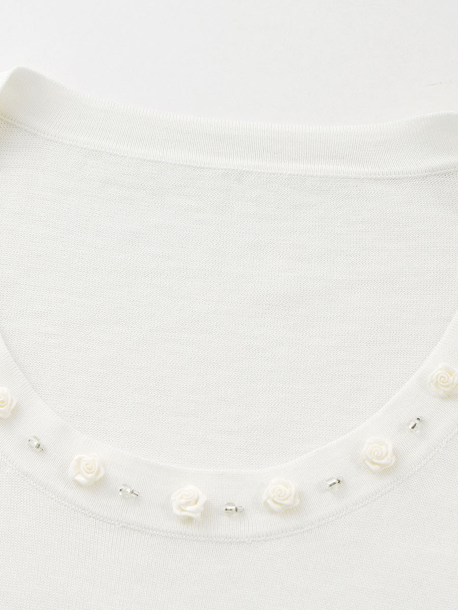 COMOBOCA Women's Rhinestone Trim Knit T-Shirt