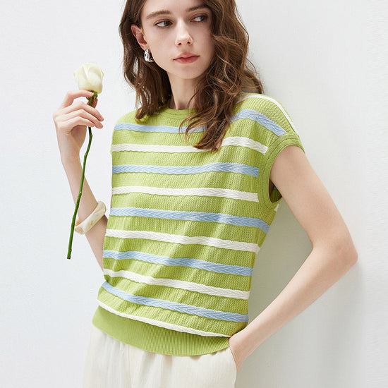 COMOBOCA Women's Striped Knit Cap Sleeve T-Shirt