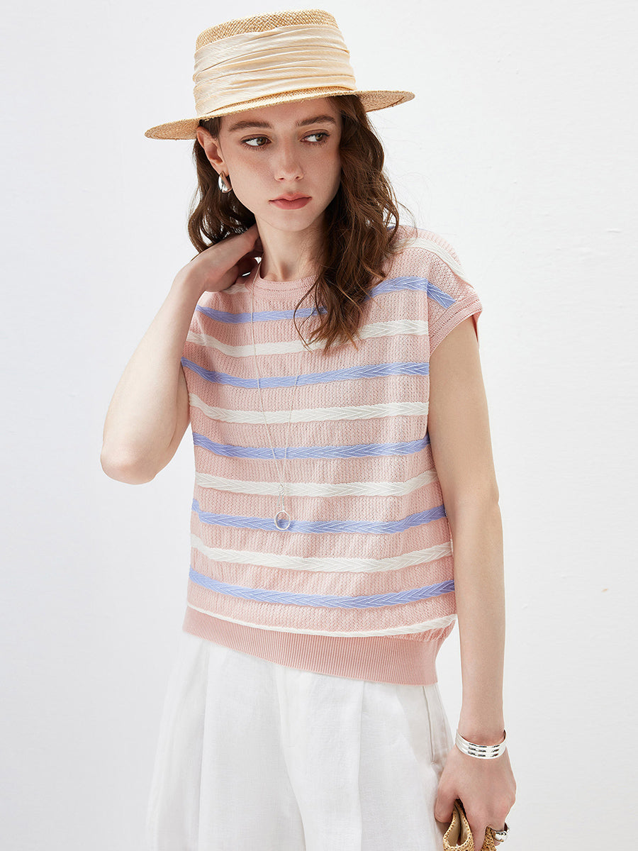 COMOBOCA Women's Striped Knit Cap Sleeve T-Shirt