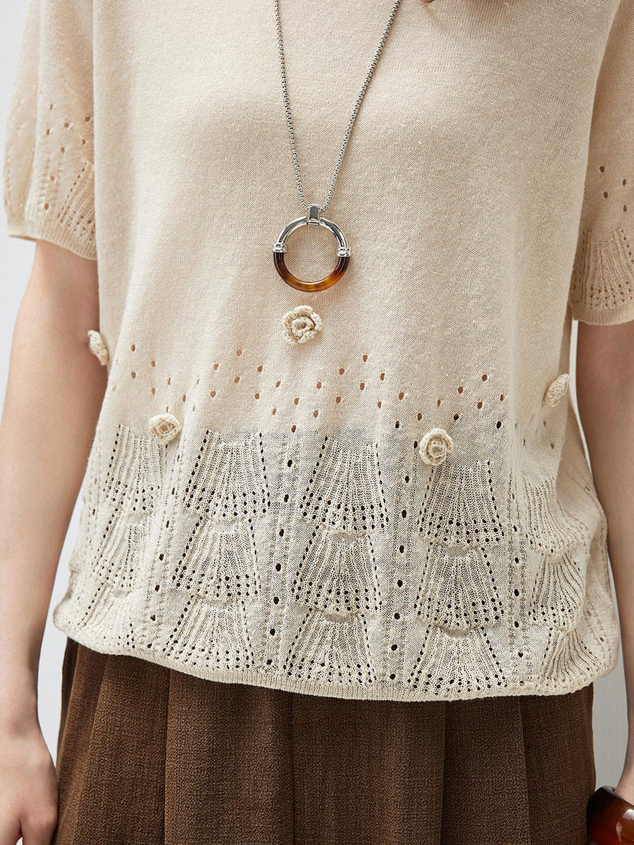 COMOBOCA Women's Sheer Openwork Knit T-Shirt