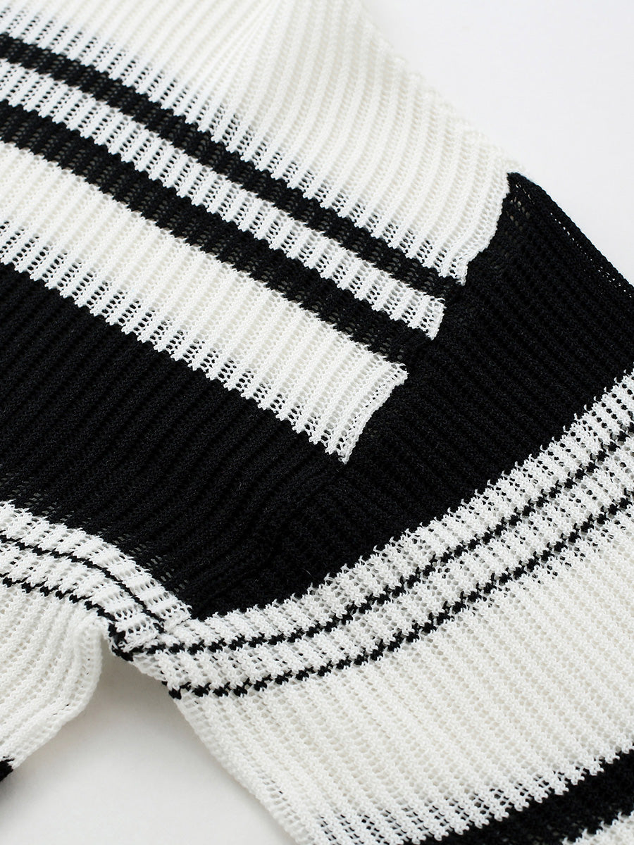 COMOBOCA Women's Asymmetric Stripe Mesh Knit Round Neck Sweater