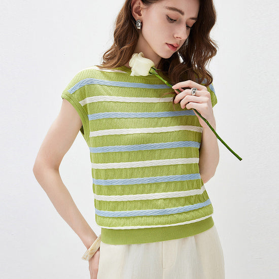 COMOBOCA Women's Striped Knit Cap Sleeve T-Shirt