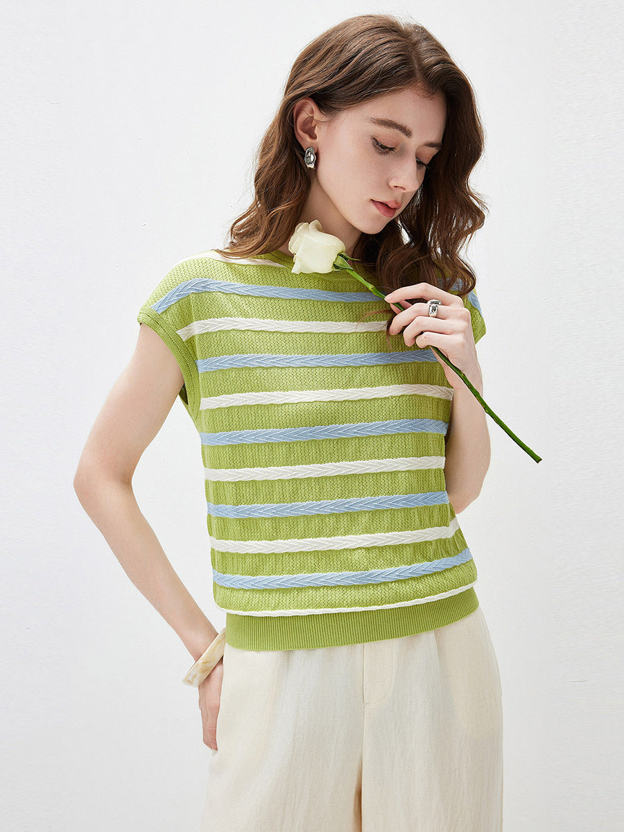 COMOBOCA Women's Striped Knit Cap Sleeve T-Shirt