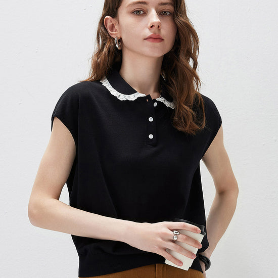 COMOBOCA Women's Lace Trim Collar Knit Polo T-Shirt