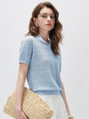 Women's Silk-Cotton Blend Peter Pan Collar Pointelle Knit Short Sleeve Top
