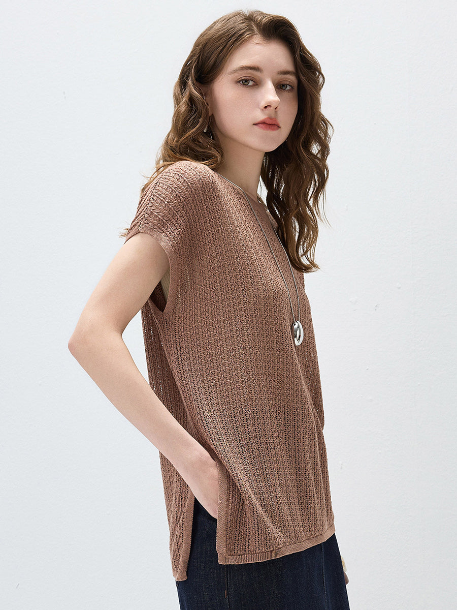 COMOBOCA Women's Openwork Side Slit Knit Top