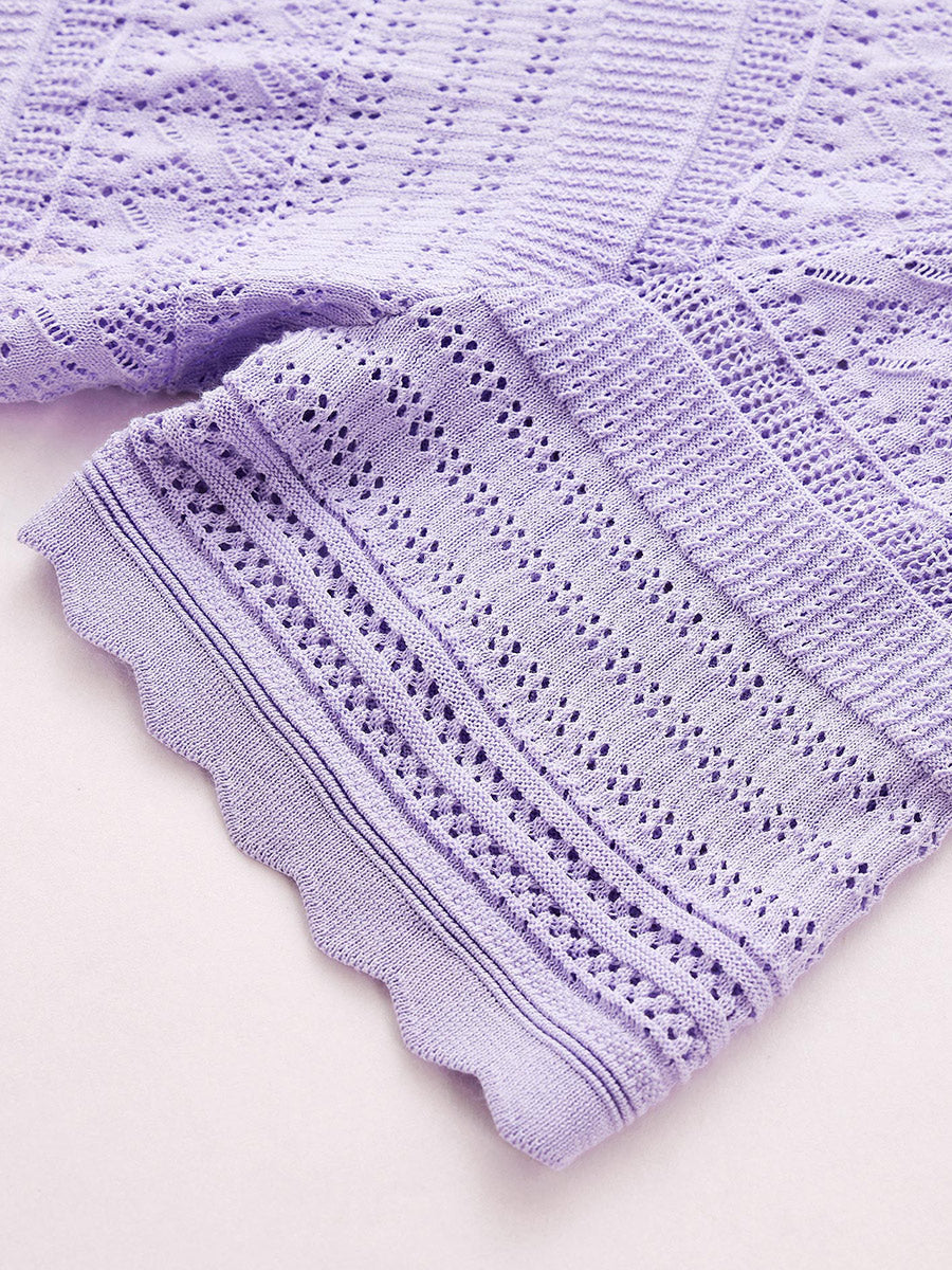 COMOBOCA Women's Scalloped Hem Openwork Knit Cardigan