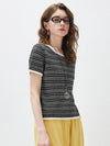 Women’s Round-Neck Linen Blend Dopamine Striped Knit Short Sleeve Top with Contrast Trim