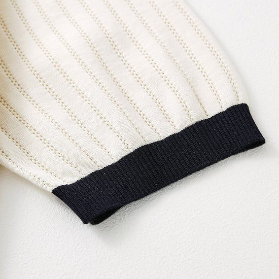 COMOBOCA Women's Scalloped Contrast Collar Openwork Knit Sweater