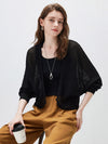 Women’s V-neck long-sleeve knit hollow-out linen-blend cardigan