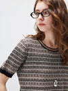 Women's  Round Neck Jacquard Linen Knit Short Sleeve Top