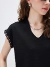 Women’s V-Neck Silk-Cotton Jacquard Knit Short Sleeve T-Shirt
