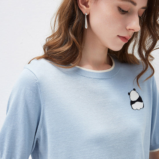 COMOBOCA Women's Panda Motif Contrast Trim Knit T-Shirt
