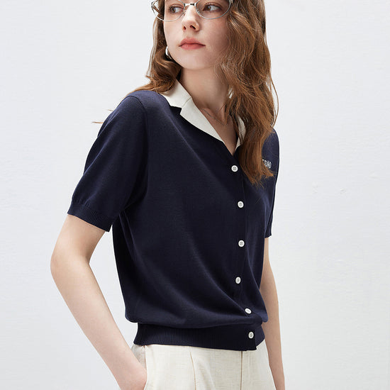 COMOBOCA Women's Contrast Collar Knit Button Down Cardigan