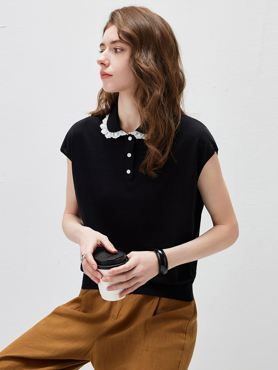 COMOBOCA Women's Lace Trim Collar Knit Polo T-Shirt