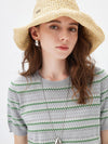 Women's Silk-Cotton Jacquard Stripe Knit Crew Neck Short Sleeve T-Shirt
