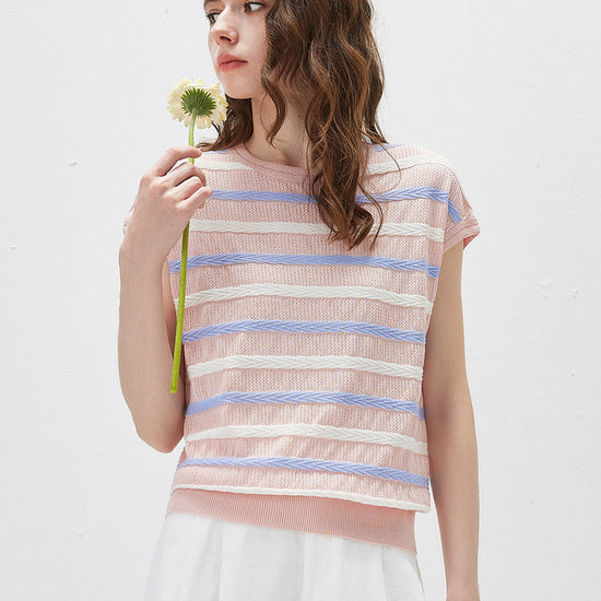 COMOBOCA Women's Striped Knit Cap Sleeve T-Shirt