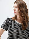 Women’s Round-Neck Linen Blend Dopamine Striped Knit Short Sleeve Top with Contrast Trim