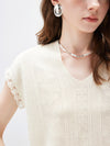 Women’s V-Neck Silk-Cotton Jacquard Knit Short Sleeve T-Shirt