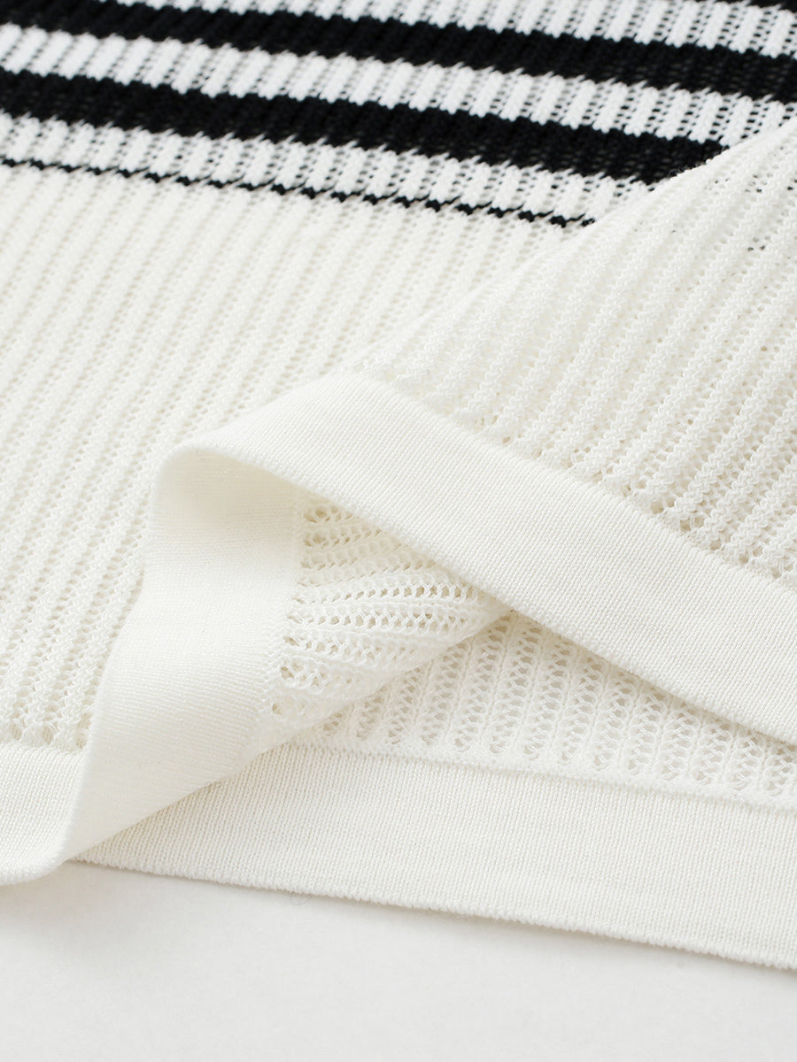 COMOBOCA Women's Asymmetric Stripe Mesh Knit Round Neck Sweater