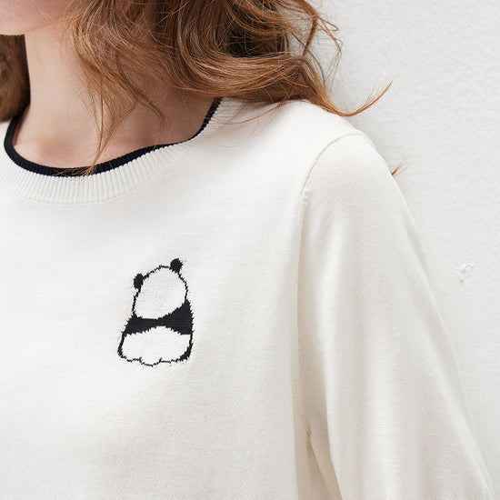 COMOBOCA Women's Panda Motif Contrast Trim Knit T-Shirt