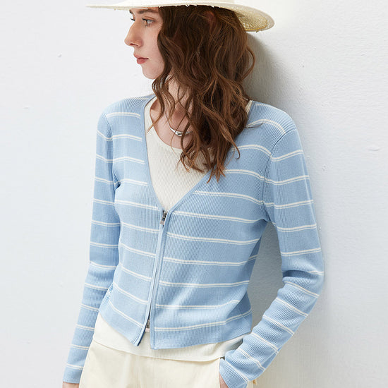 COMOBOCA Women's Striped Ribbed Knit Faux 2-in-1 Zip Cardigan