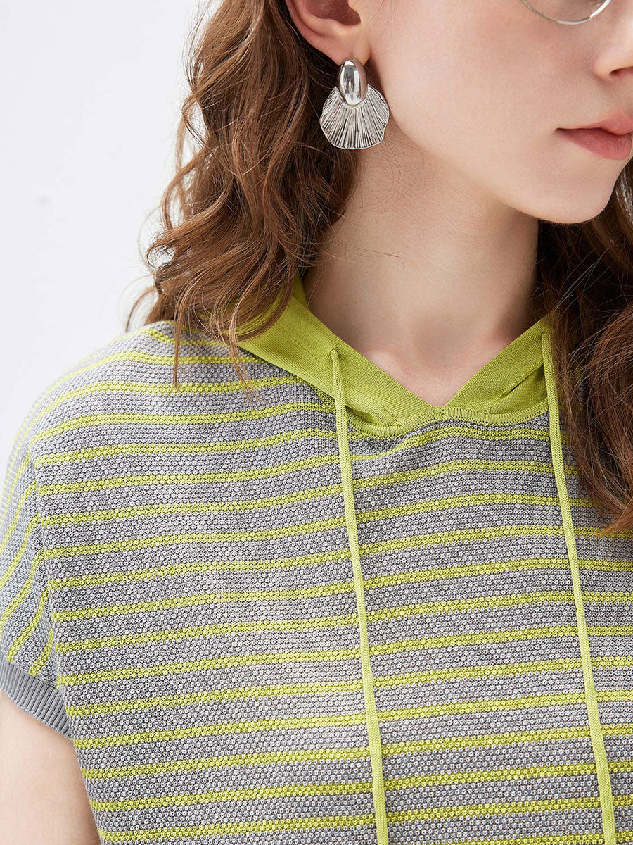 COMOBOCA Women's Striped Contrast Hooded Knit T-Shirt