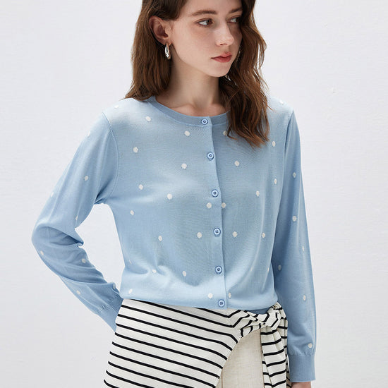 COMOBOCA Light Blue Women's Lyocell Polka Dot Knit Cardigan