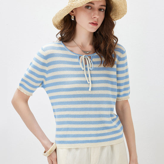 COMOBOCA Light Blue Women's Tie-Neck Striped Knit T-Shirt