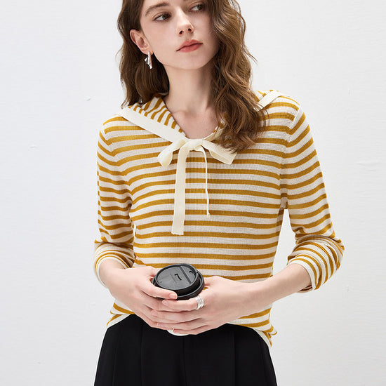 COMOBOCA Striped Women's Striped Sailor Collar Tie Front Knit Sweater
