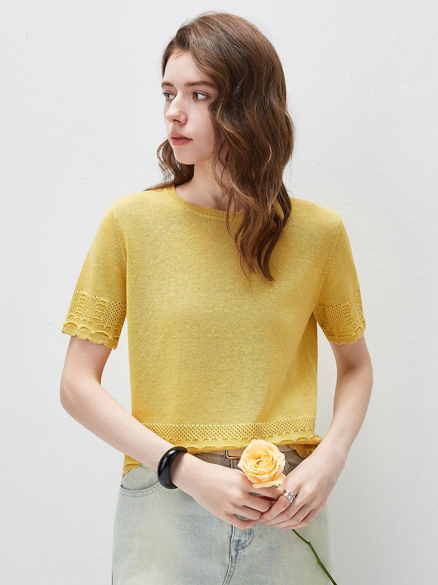 COMOBOCA Yellow Women's Scalloped Lace Trim Knit T-Shirt