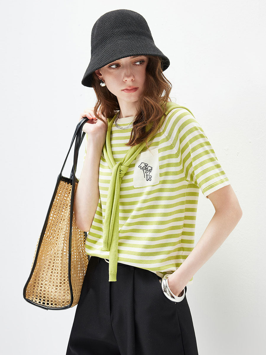 COMOBOCA Women's Striped Embroidered Pocket Knit T-Shirt