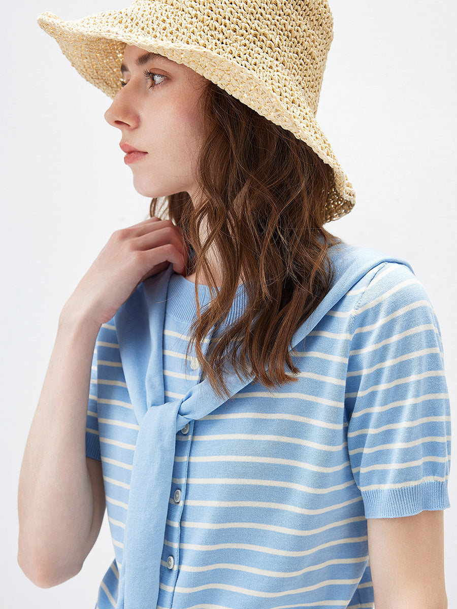 COMOBOCA Women's Striped Short Sleeve Knit Cardigan