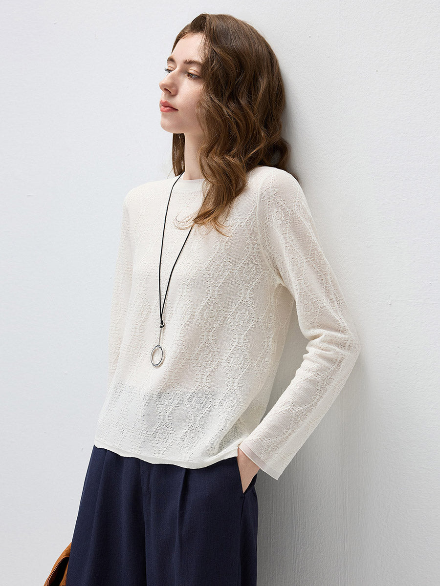 COMOBOCA Women's Textured Sheer Knit Round Neck Sweater