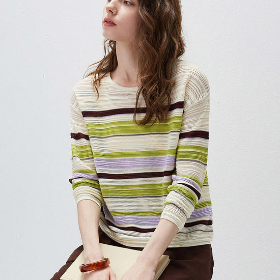 COMOBOCA Women's Striped Mesh Ruched Drawstring Knit Sweater
