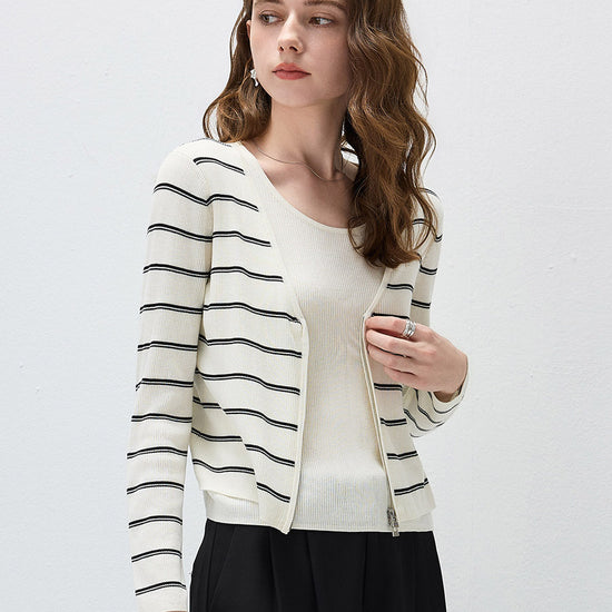COMOBOCA Women's Striped Ribbed Knit Faux 2-in-1 Zip Cardigan